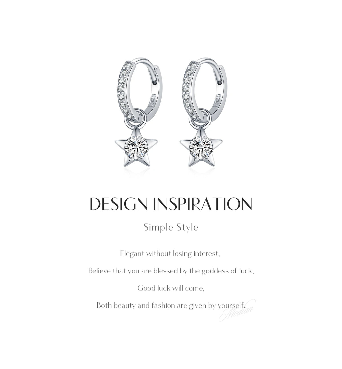 Star Moissanite Hoop Drop Earrings in Sterling Silver — Hoop and star design details