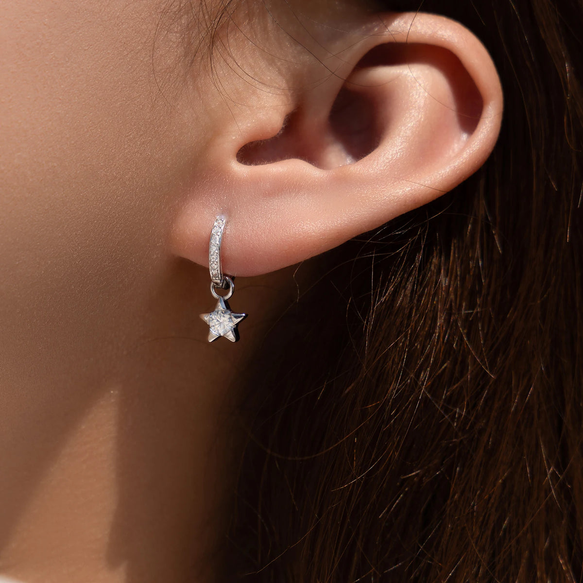 Star Moissanite Hoop Drop Earrings in Sterling Silver — Star hoop worn on the ear
