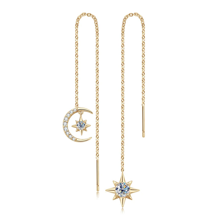 Star & Moon Moissanite Chain Threader Earrings