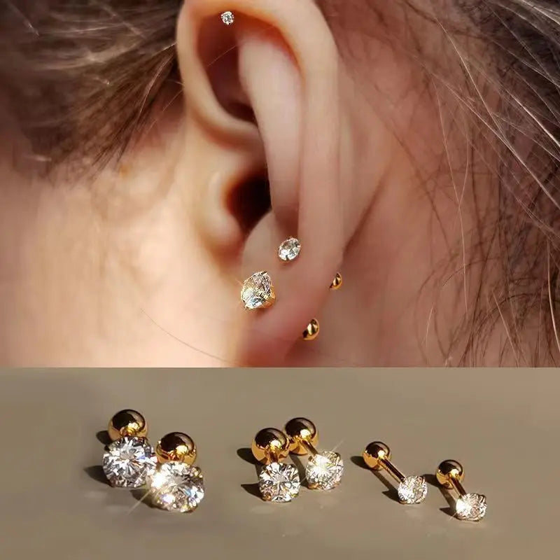 Four-Prong Moissanite Stud Earrings with Screw Ball Backs - Stud earrings shown on ear and size comparison