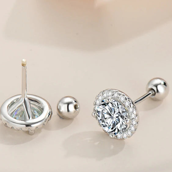 Round Halo Moissanite Stud Earrings with Screw Ball Backs - Threaded post and detached ball back