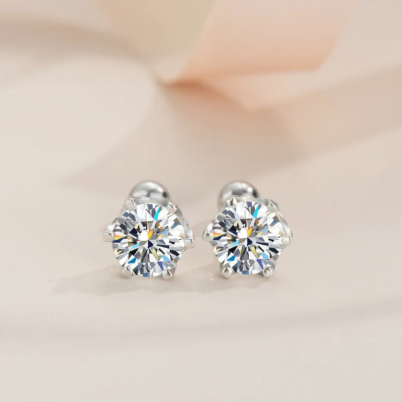 Six-Prong Moissanite Stud Earrings with Screw Ball Backs - Solitaire stud fronts