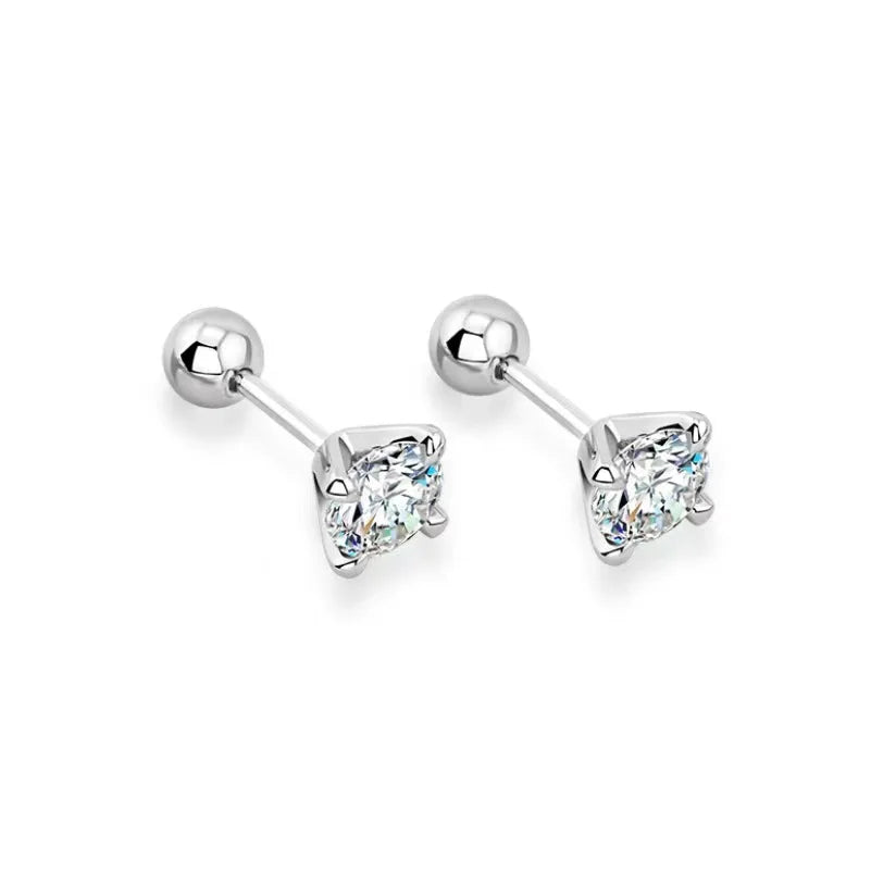 Four-Prong Moissanite Stud Earrings with Screw Ball Backs - Silver ball-back pair