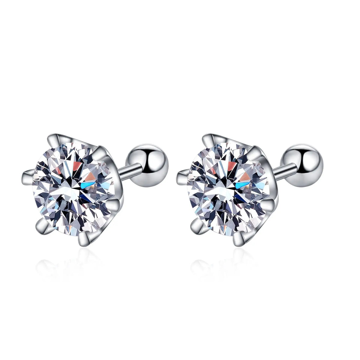 Six-Prong Moissanite Stud Earrings with Screw Ball Backs - Six-prong solitaire pair
