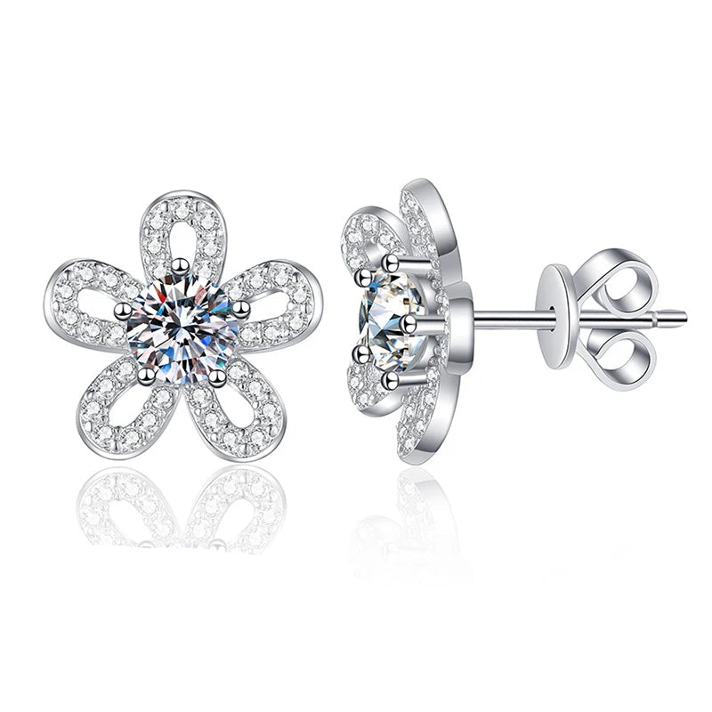 Five-Petal Flower Moissanite Stud Earrings in Silver — Flower front and side