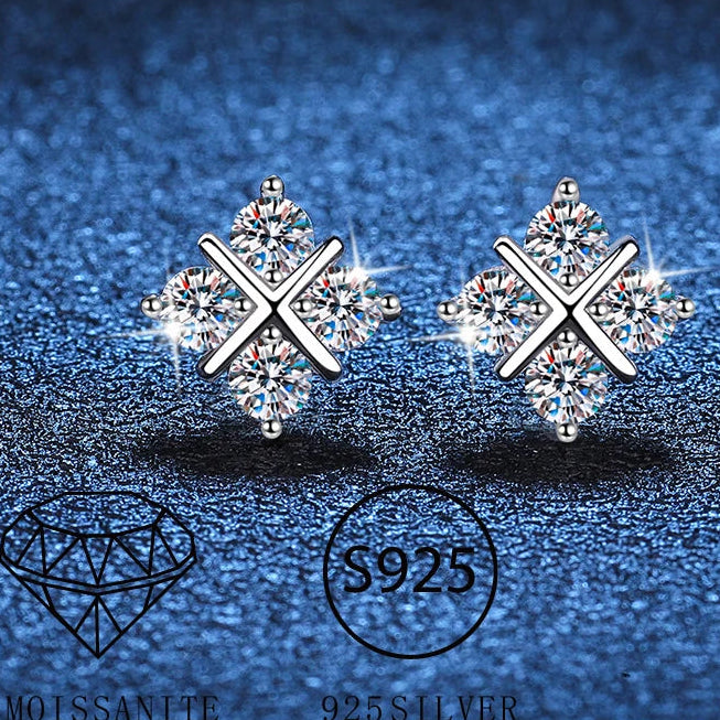 Four-Stone Cross Moissanite Stud Earrings in Silver — Four-stone cross cluster pair