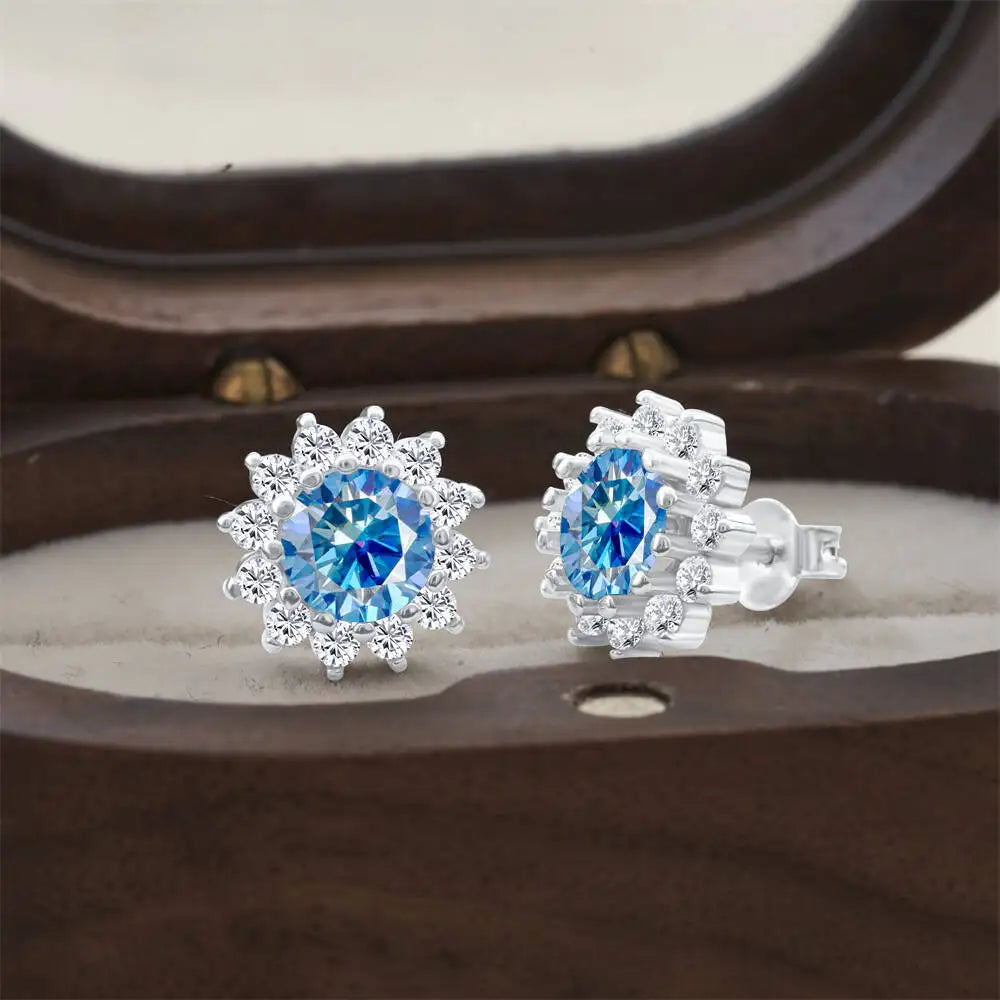 Moissanite Sunburst Halo Stud Earrings in Sterling Silver — Royal Blue — BandsCo Straps