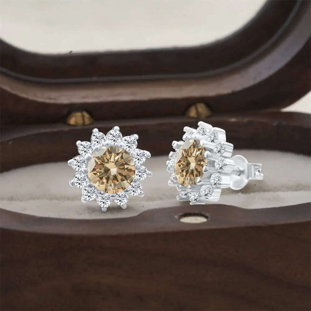 Moissanite Sunburst Halo Stud Earrings in Sterling Silver — Champagne — BandsCo Straps
