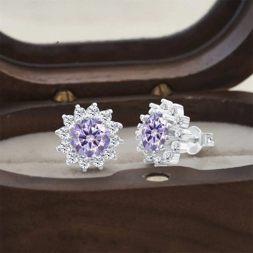 Moissanite Sunburst Halo Stud Earrings in Sterling Silver — Light Purple — BandsCo Straps