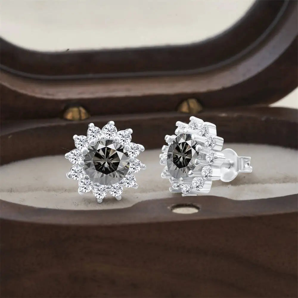 Moissanite Sunburst Halo Stud Earrings in Sterling Silver — Gray — BandsCo Straps