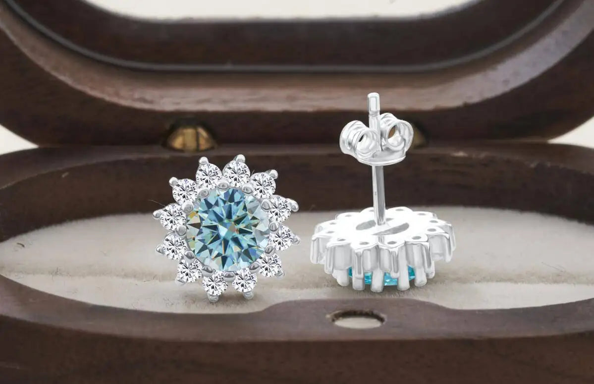 Moissanite Sunburst Halo Stud Earrings in Sterling Silver — Blue studs front and back — BandsCo Straps