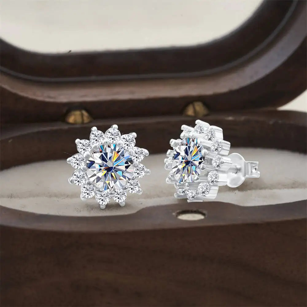 Moissanite Sunburst Halo Stud Earrings in Sterling Silver — White — BandsCo Straps