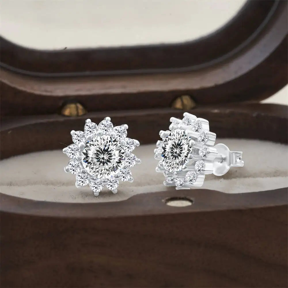 Moissanite Sunburst Halo Stud Earrings in Sterling Silver — White (100) — BandsCo Straps