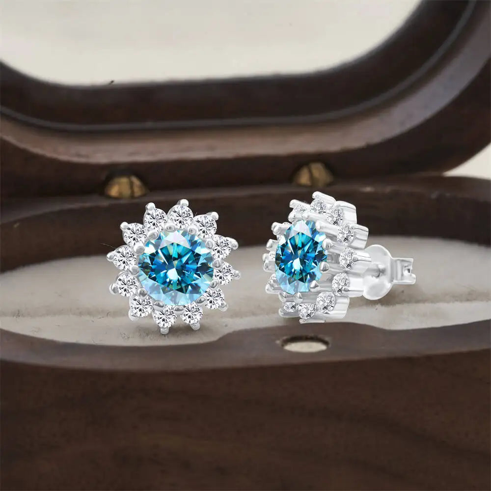 Moissanite Sunburst Halo Stud Earrings in Sterling Silver — Sea Blue — BandsCo Straps