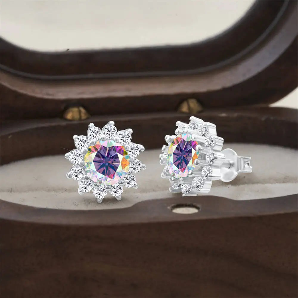 Moissanite Sunburst Halo Stud Earrings in Sterling Silver — Purple Multicolor — BandsCo Straps