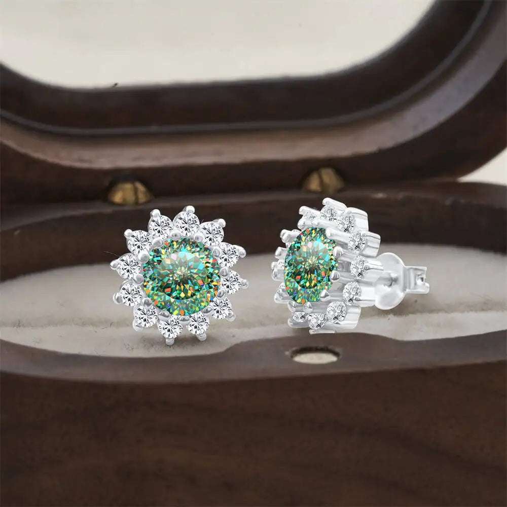 Moissanite Sunburst Halo Stud Earrings in Sterling Silver — Green (100) — BandsCo Straps