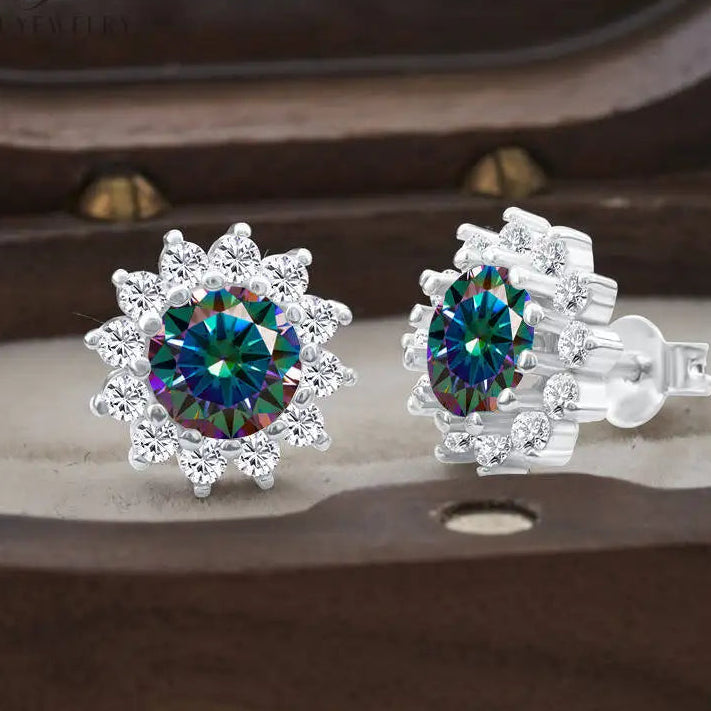 Moissanite Sunburst Halo Stud Earrings in Sterling Silver — Rainbow sunburst halo studs — BandsCo Straps