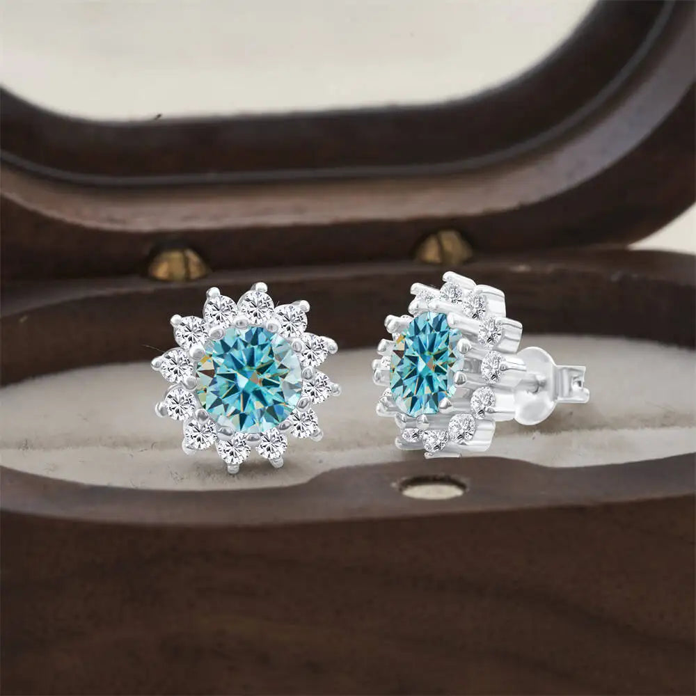Moissanite Sunburst Halo Stud Earrings in Sterling Silver — Blue — BandsCo Straps