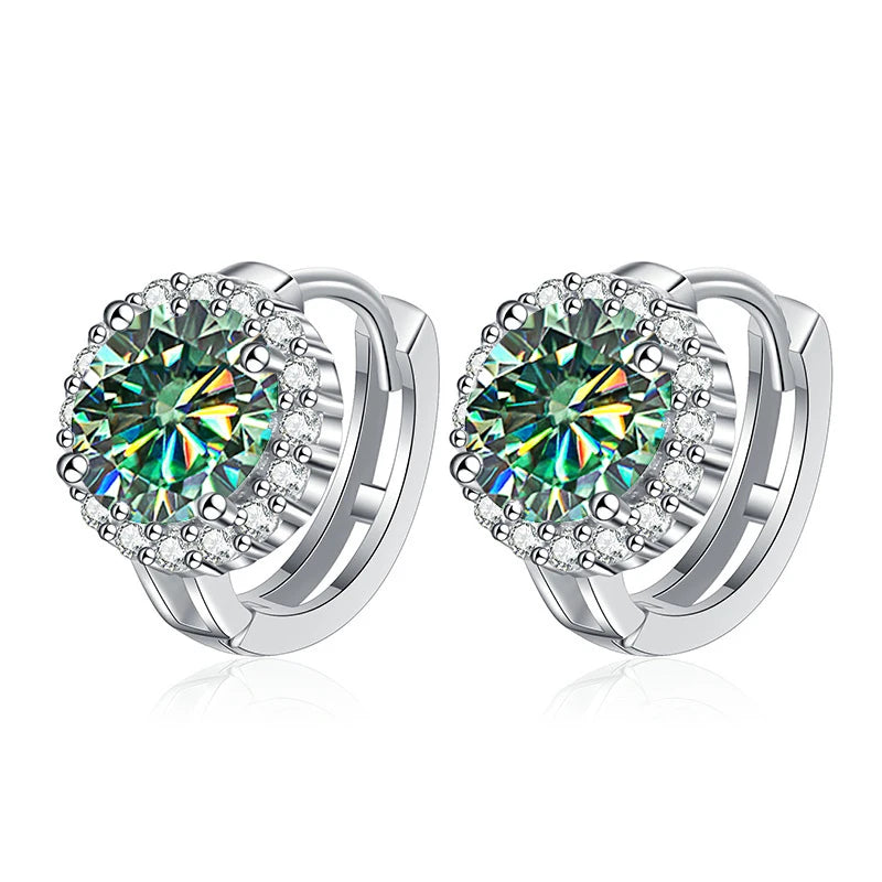 Colored Round Halo Moissanite Hoop Earrings in Silver - Blue green centers