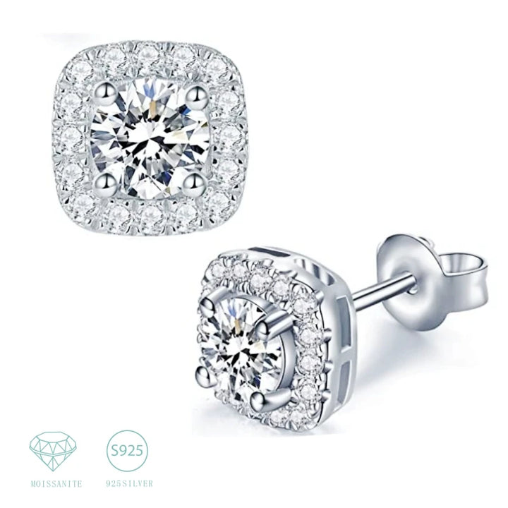 Cushion Halo Moissanite Stud Earrings in 925 Sterling Silver