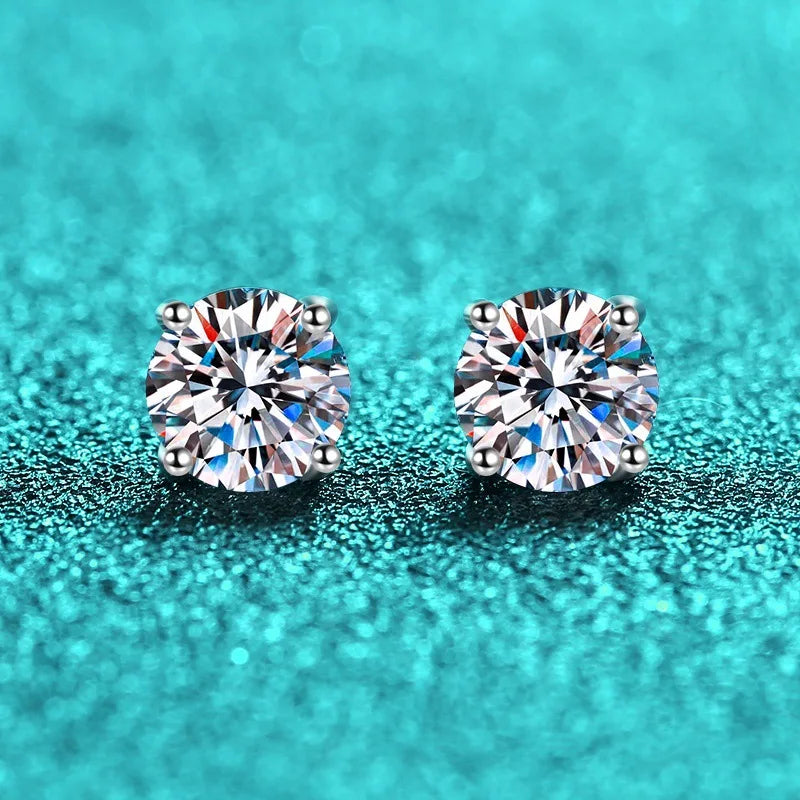 Colored Four-Prong Moissanite Stud Earrings in Sterling Silver — White front pair