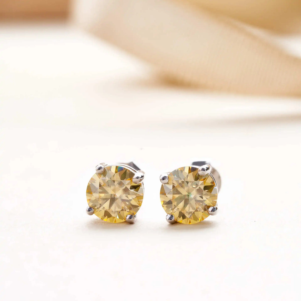 Lemon Yellow Moissanite Stud Earrings in Sterling Silver — Round yellow stone pair