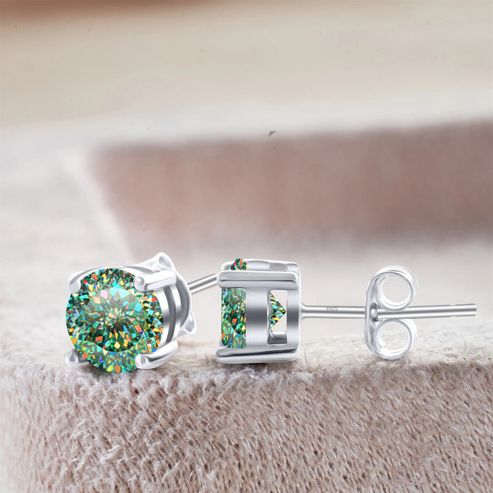 Colored Four-Prong Moissanite Stud Earrings in Sterling Silver