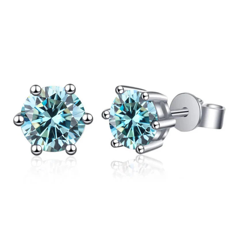 Colored Six-Prong Moissanite Stud Earrings in Sterling Silver — Blue
