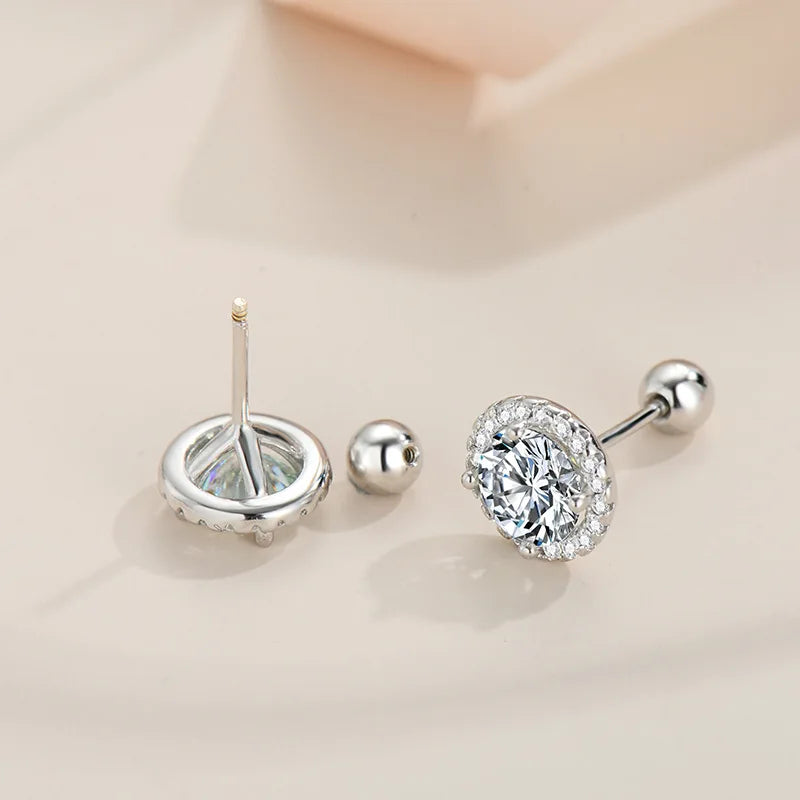 Round Halo Moissanite Stud Earrings with Screw Ball Backs - Rear setting and ball back