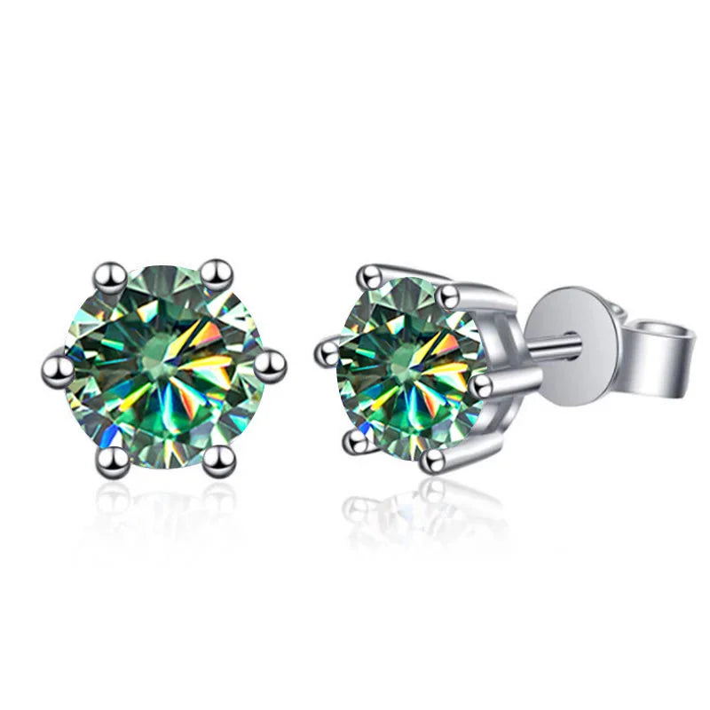 Colored Six-Prong Moissanite Stud Earrings in Sterling Silver — Blue green