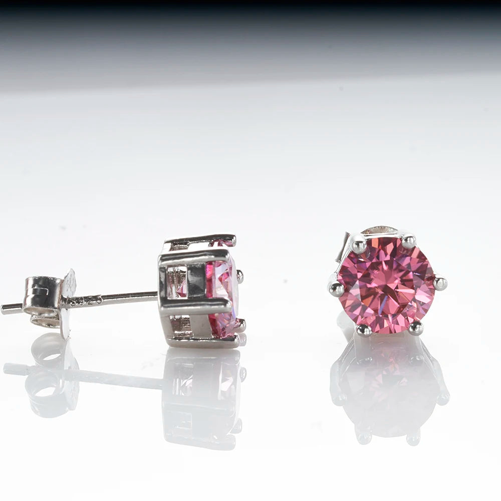 Colored Six-Prong Moissanite Stud Earrings in Sterling Silver — Pink post detail