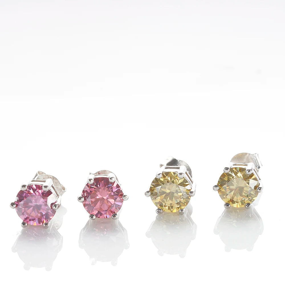 Colored Six-Prong Moissanite Stud Earrings in Sterling Silver — Pink and yellow comparison