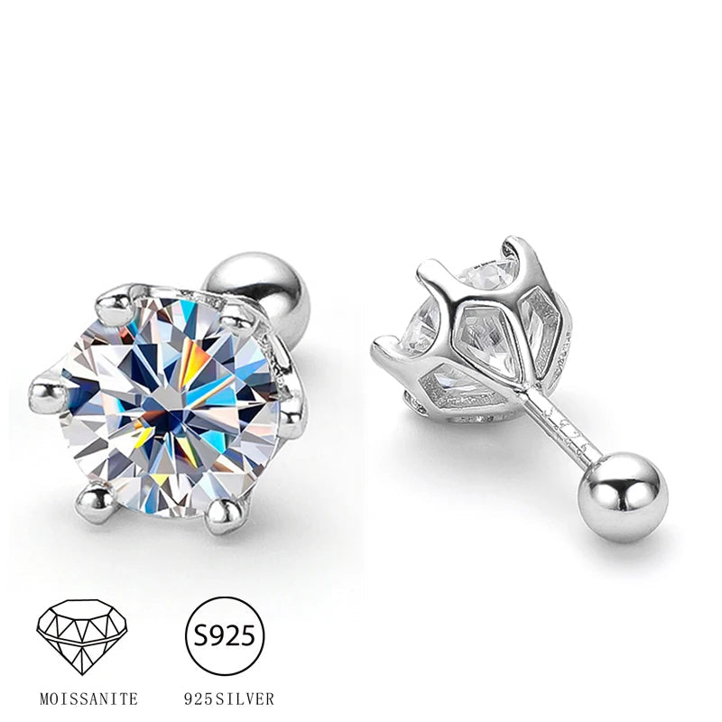 Six-Prong Moissanite Stud Earrings with Screw Ball Backs - Six-prong front and ball back