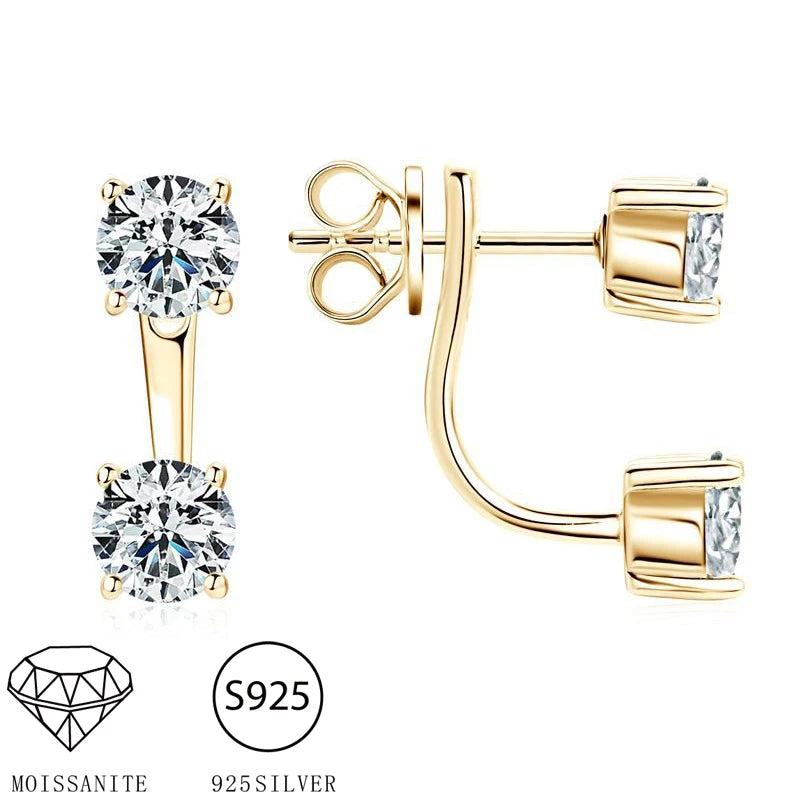 Two-Stone Moissanite Ear Jacket Stud Earrings in Silver - Gold-tone front and side