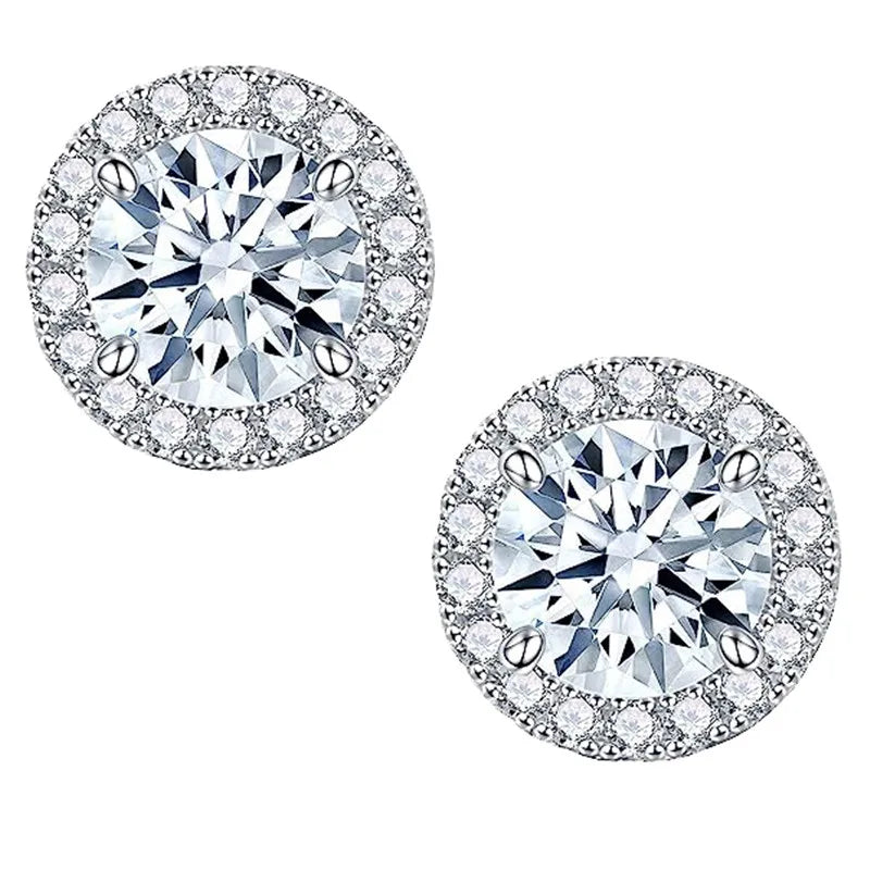 Round Halo Moissanite Stud Earrings with Screw Ball Backs - Round halo pair