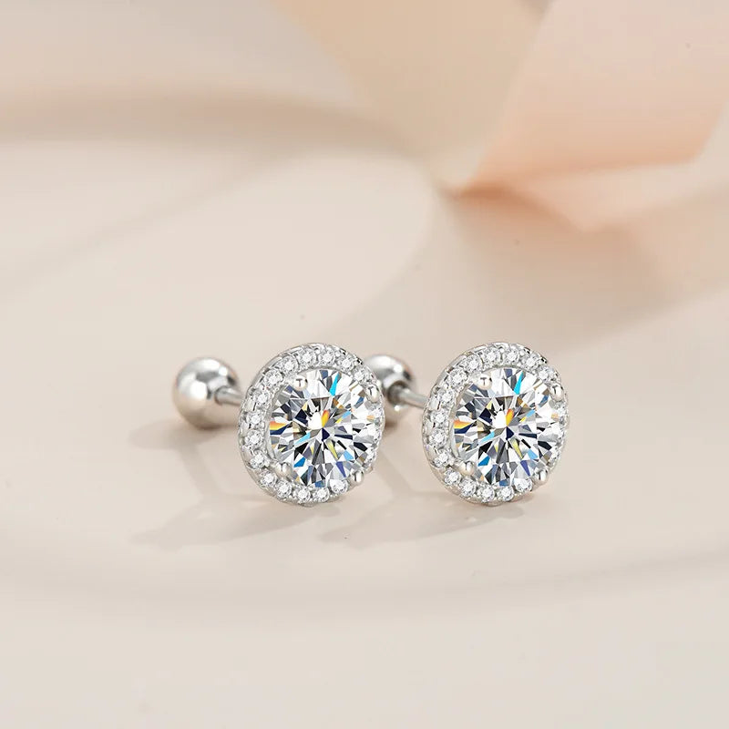 Round Halo Moissanite Stud Earrings with Screw Ball Backs - Halo stud angled view