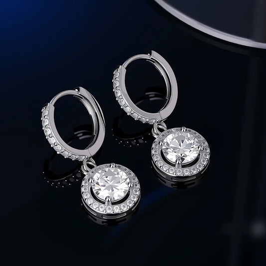 Colored Halo Moissanite Hoop Drop Earrings in Silver — White round-halo pair