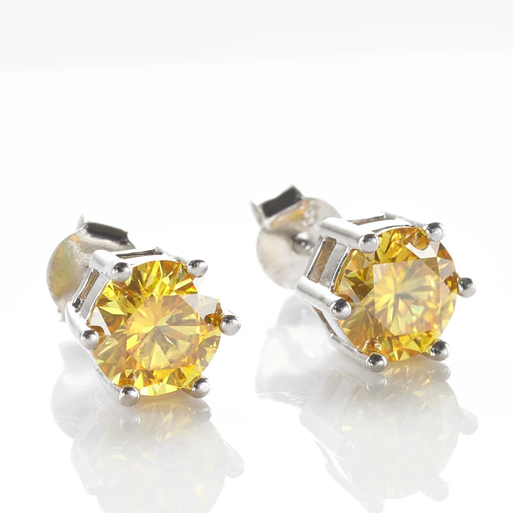 Colored Six-Prong Moissanite Stud Earrings in Sterling Silver — Golden yellow pair