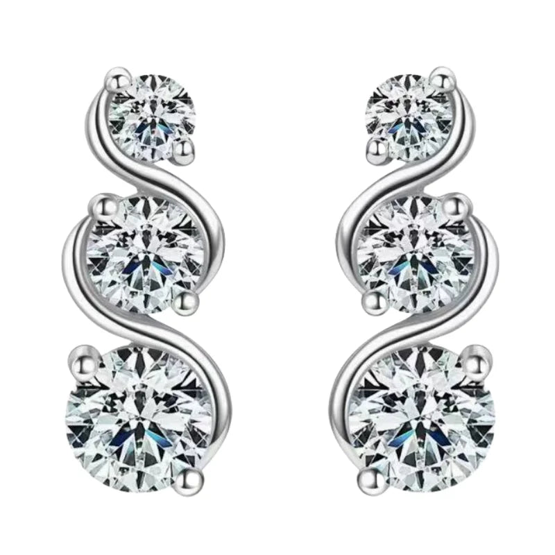 Three-Stone Twist Moissanite Stud Earrings in Sterling Silver - Silver three-stone front view