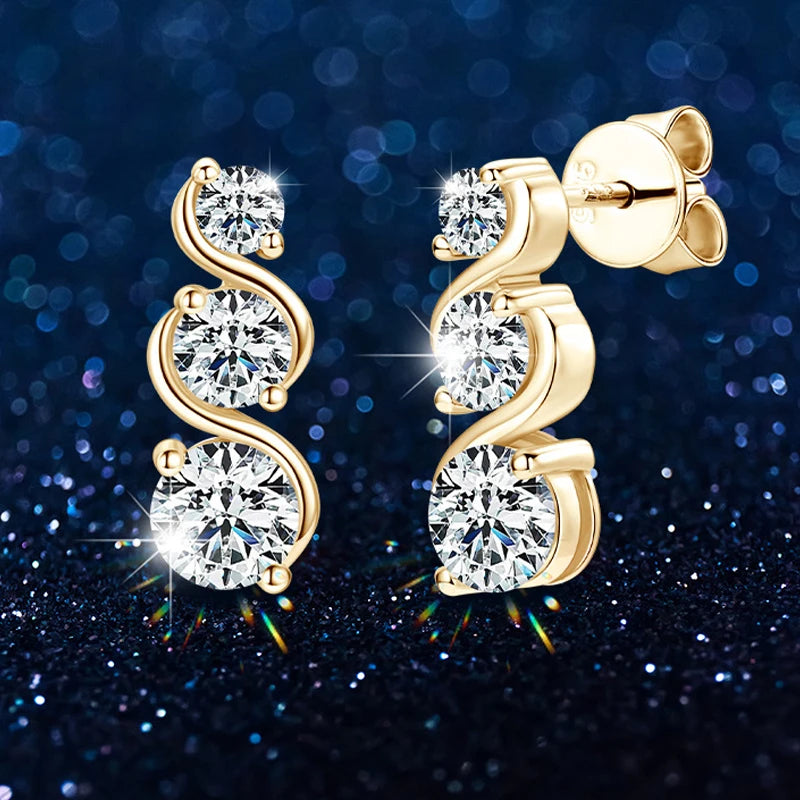 Three-Stone Twist Moissanite Stud Earrings in Sterling Silver - Gold-tone posts and butterfly backs