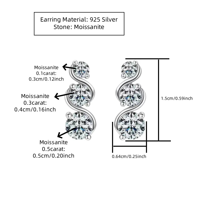 Three-Stone Twist Moissanite Stud Earrings in Sterling Silver - Graduated stone dimensions