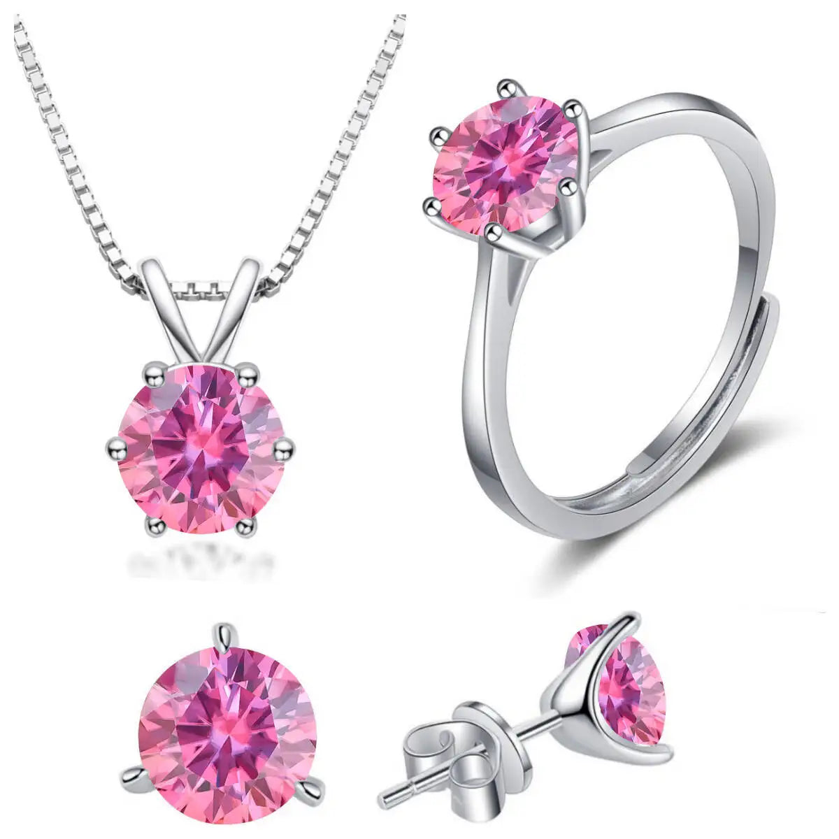 Colored Moissanite Necklace, Stud Earrings & Ring Set — Pink set