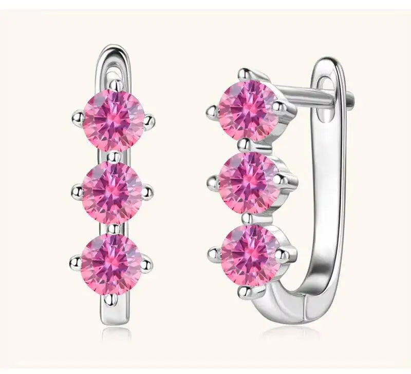 Colored Three-Stone Moissanite Hoop Earrings in Silver — Pink silver pair