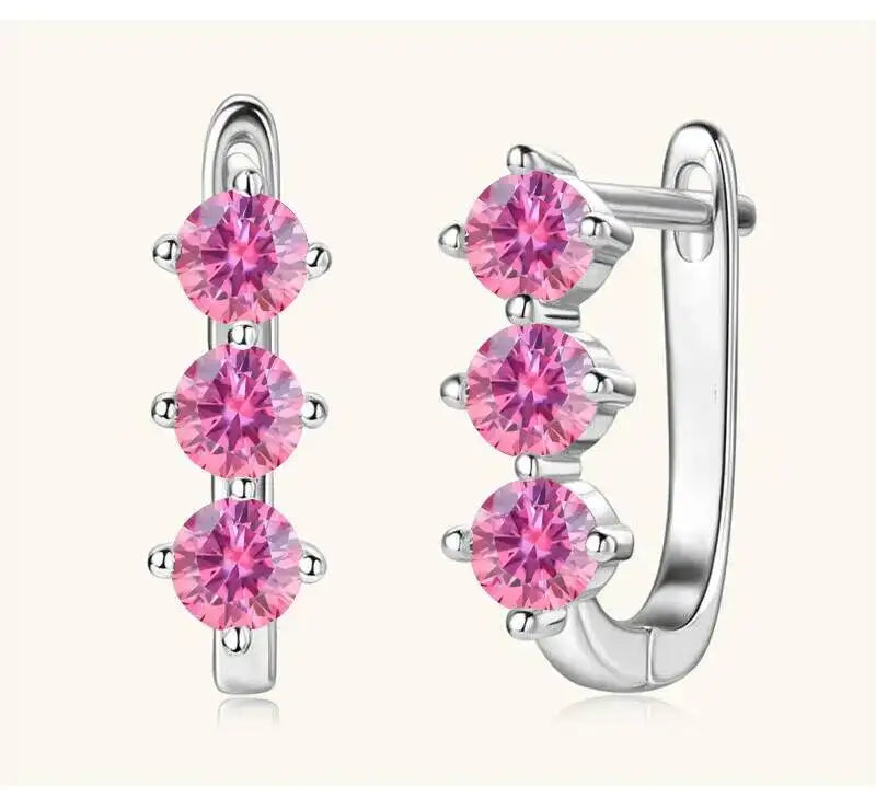 Colored Three-Stone Moissanite Hoop Earrings in Silver — Pink silver pair