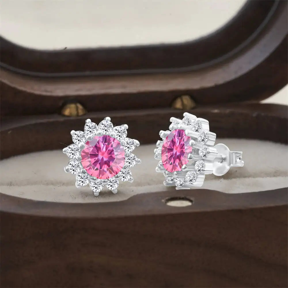 Moissanite Sunburst Halo Stud Earrings in Sterling Silver — Pink — BandsCo Straps