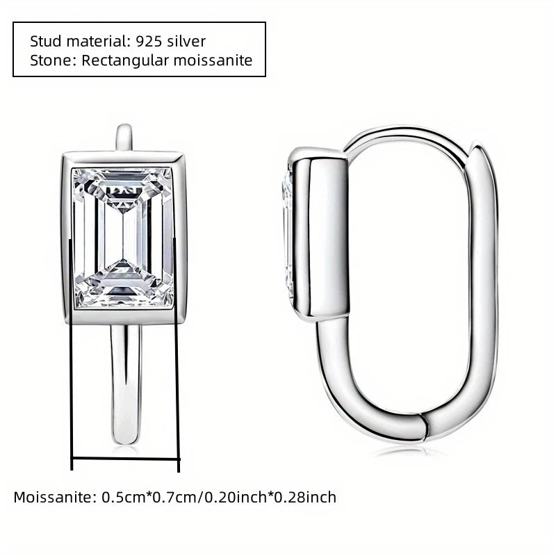 Emerald-Cut Moissanite Hoop Earrings in Sterling Silver — 5 x 7mm rectangular stone dimensions