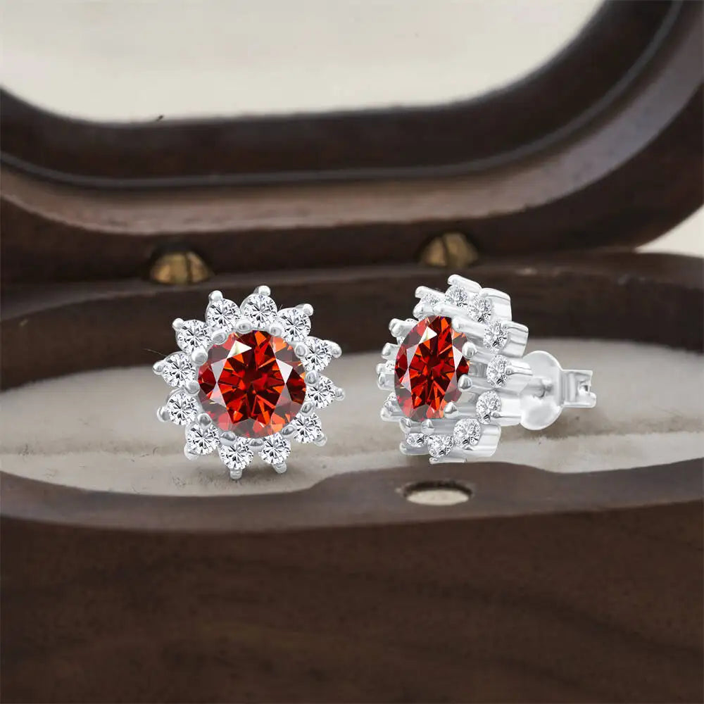 Moissanite Sunburst Halo Stud Earrings in Sterling Silver — Red — BandsCo Straps