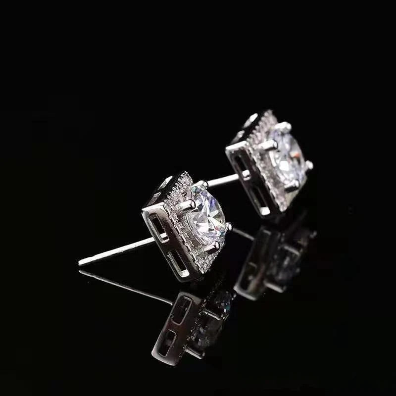 Square Halo Moissanite Stud Earrings in Sterling Silver — Open side settings