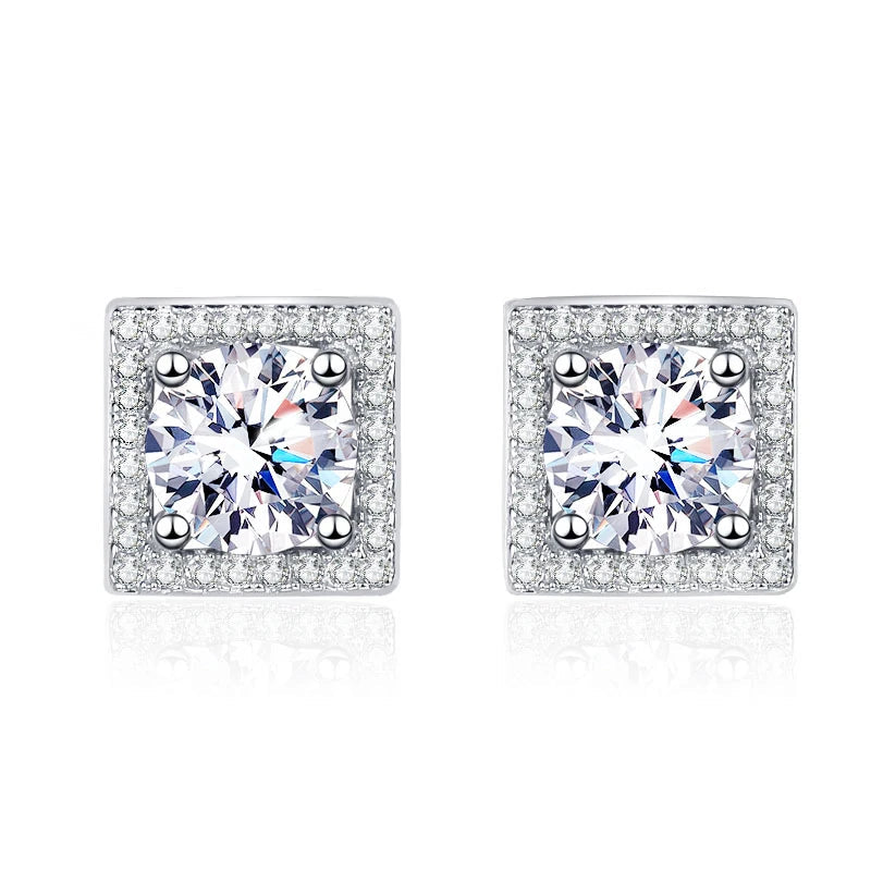 Square Halo Moissanite Stud Earrings in Sterling Silver — Square halo stud fronts