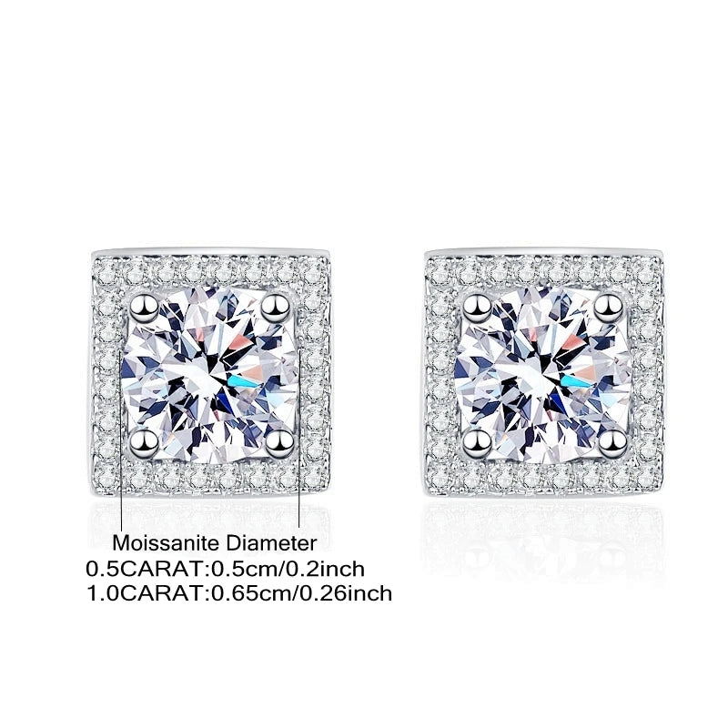 Square Halo Moissanite Stud Earrings in Sterling Silver — 5mm and 6.5mm center stone reference